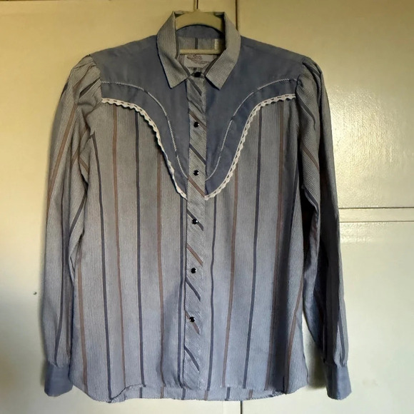 Vintage Kenny Rogers Western Denim Stripe Long Sleeve Shirt Size 13/14 Cowgirl - Picture 7 of 10